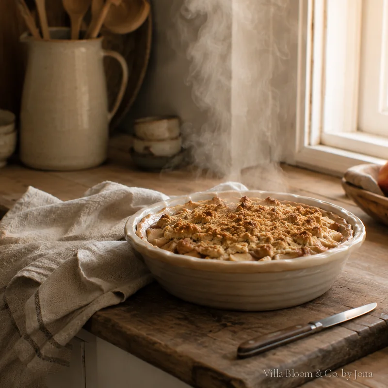 A steaming apple crumble in a ceramic dish with apples by the kitchen window