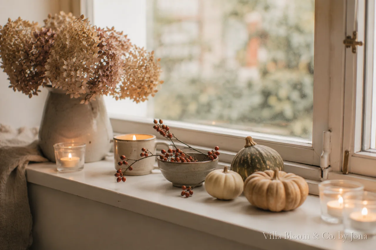 An autumn windowsill with pumpkins, dried hydrangeas, berries and candles