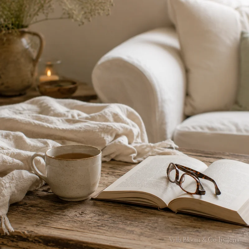 Tea, an open book and a linen throw on a rustic wooden table