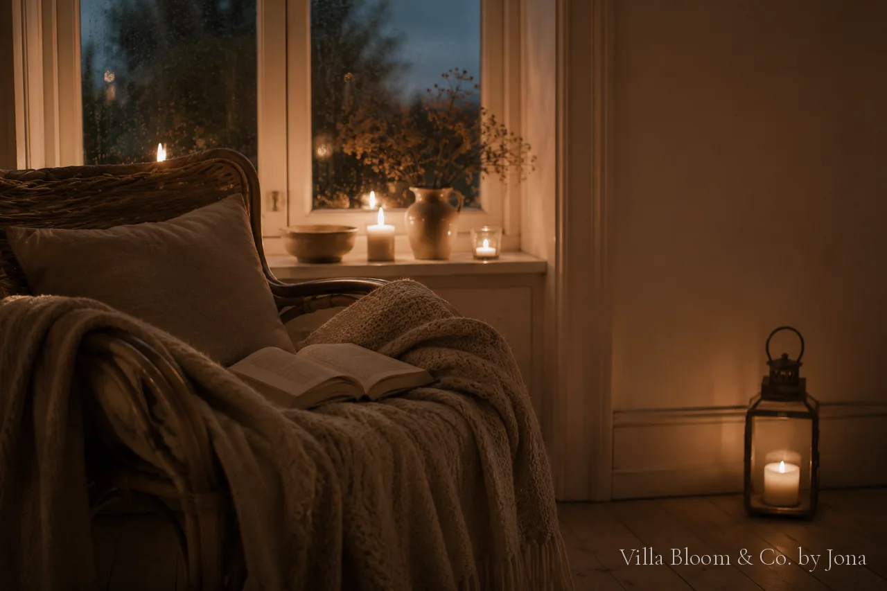 A cosy autumn reading nook with candles, a knitted throw and a book by a rain-streaked window