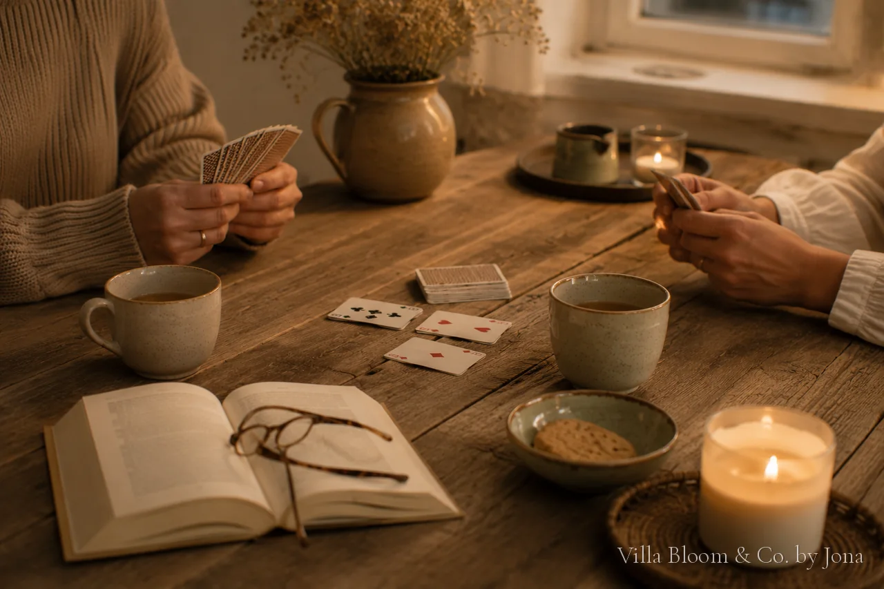 Two people playing cards over tea and candlelight at a wooden table