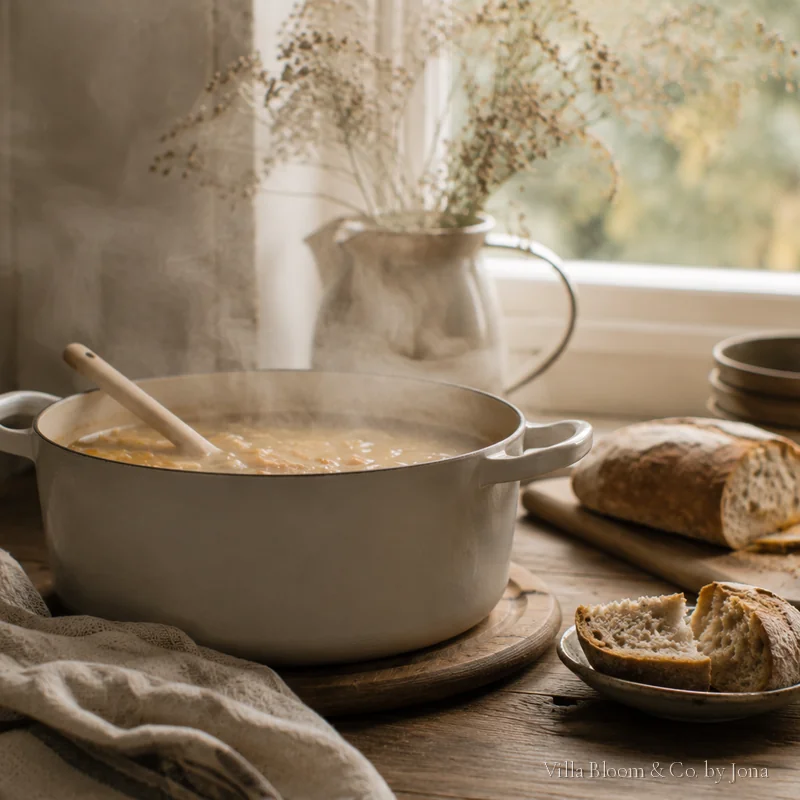 Steaming soup in a white pot with fresh bread by the window