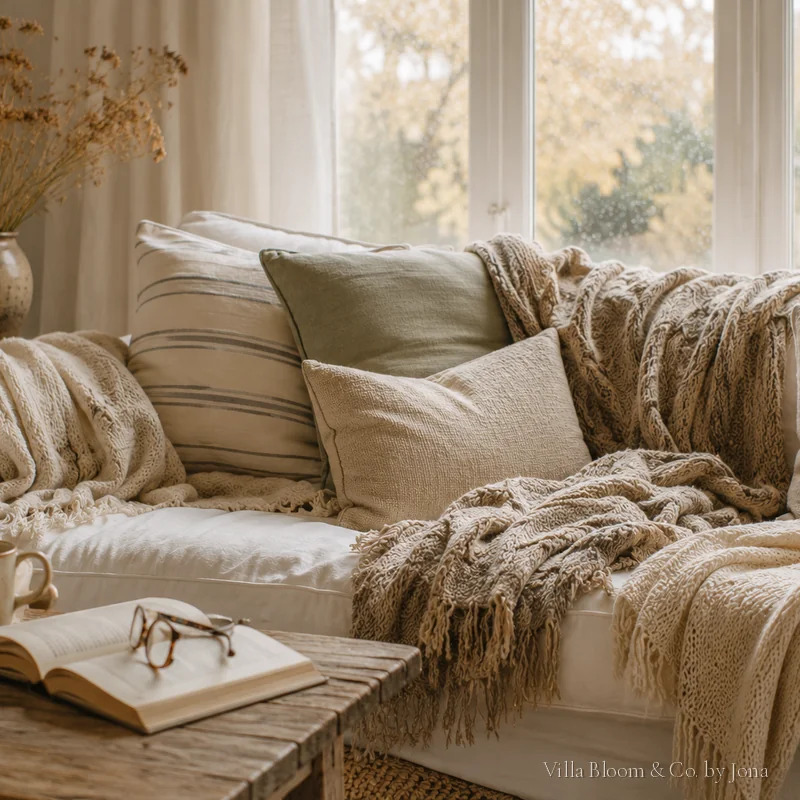 A sofa with thick knitted throws and cushions in warm autumn tones
