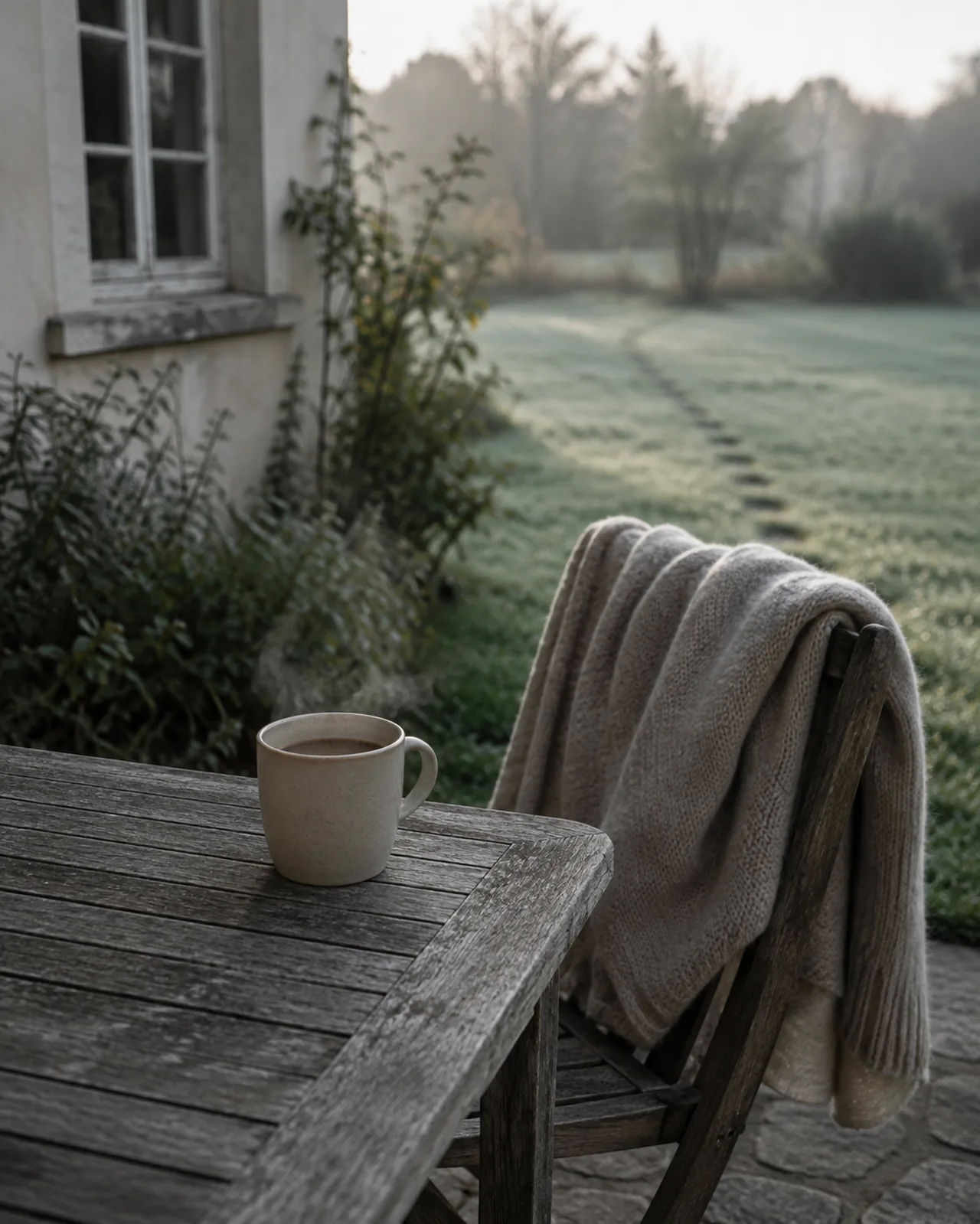 Kaffeetasse und Wolldecke auf dem Gartentisch am kühlen Morgen