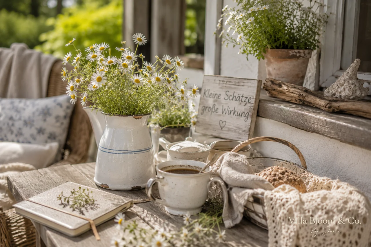 Kleine Emaille-Vase mit Margeriten auf sommerlicher Terrasse im Landhausstil