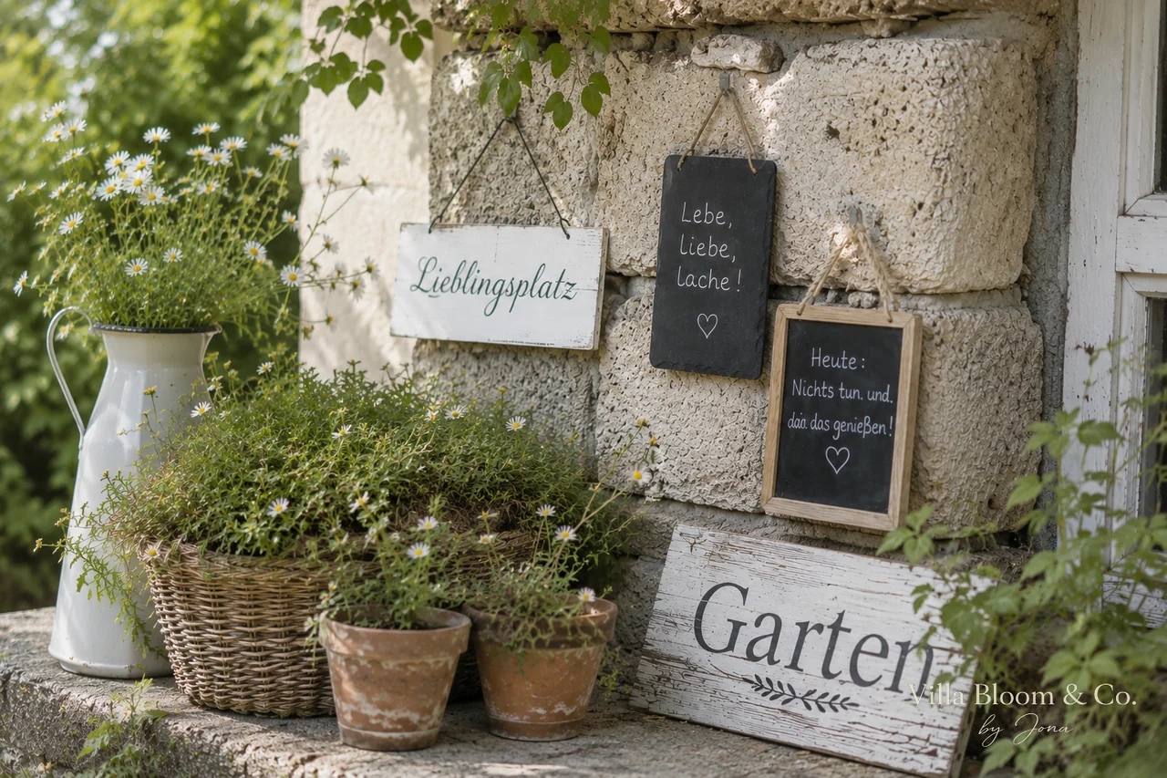 Garten-Ecke im Landhausstil mit Holzschildern Lieblingsplatz und Garten, Schiefertafeln mit Sprüchen, Margeriten im Emaille-Krug und Terrakotta-Töpfen