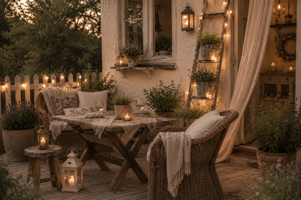 Kleine Terrasse am Gartenhäuschen am Abend – Lichterketten, Laternen und Kerzen tauchen die Korbmöbel-Sitzecke in warmes Licht