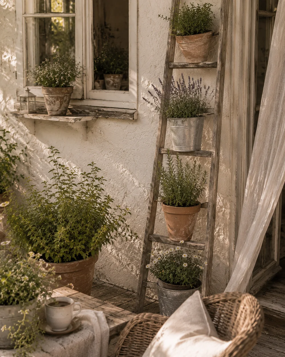 Alte Holzleiter am Gartenhäuschen als vertikale Begrünung – eingehängte Zink- und Terrakotta-Töpfe mit Lavendel, Kräutern und Margeriten