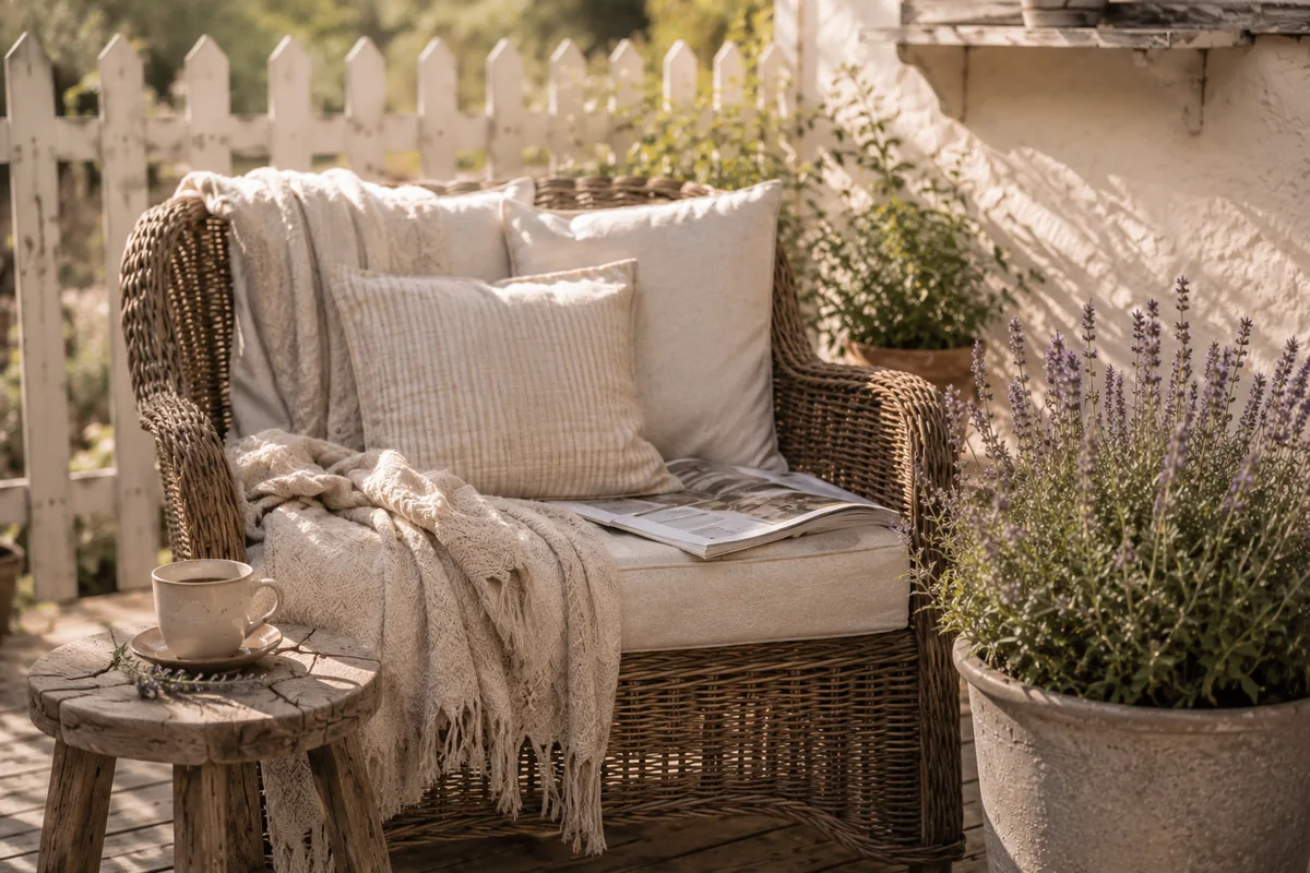 Korbsessel mit Leinenkissen und Decke, eine Tasse Kaffee auf einem Holzhocker und ein Topf Lavendel – Morgenstimmung auf der kleinen Terrasse
