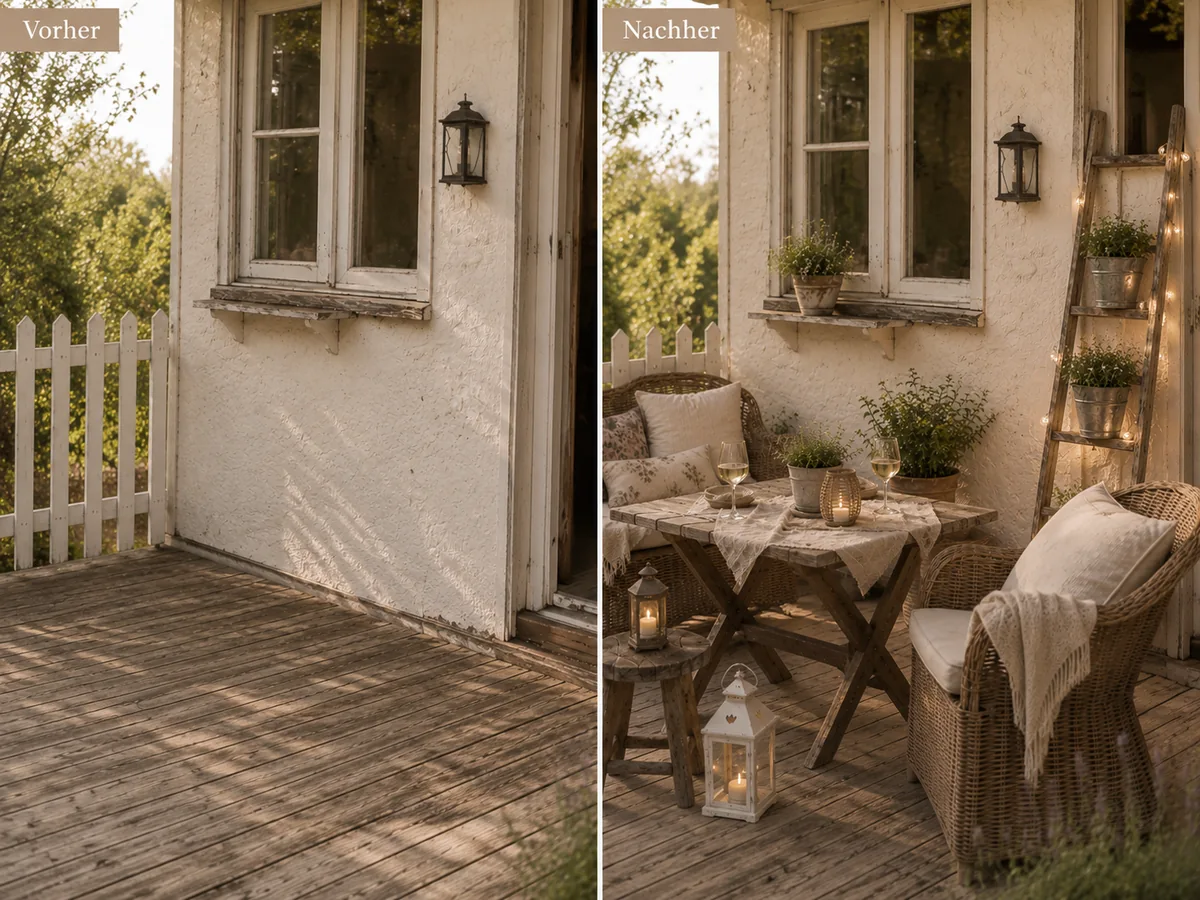 Kleine Terrasse am Gartenhäuschen vorher und nachher – vom leeren Holzdeck zur gemütlichen Landhaus-Sitzecke mit Korbmöbeln