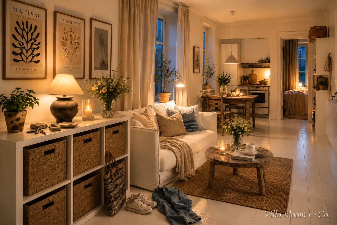 A small living room in warm evening light with several small lamps