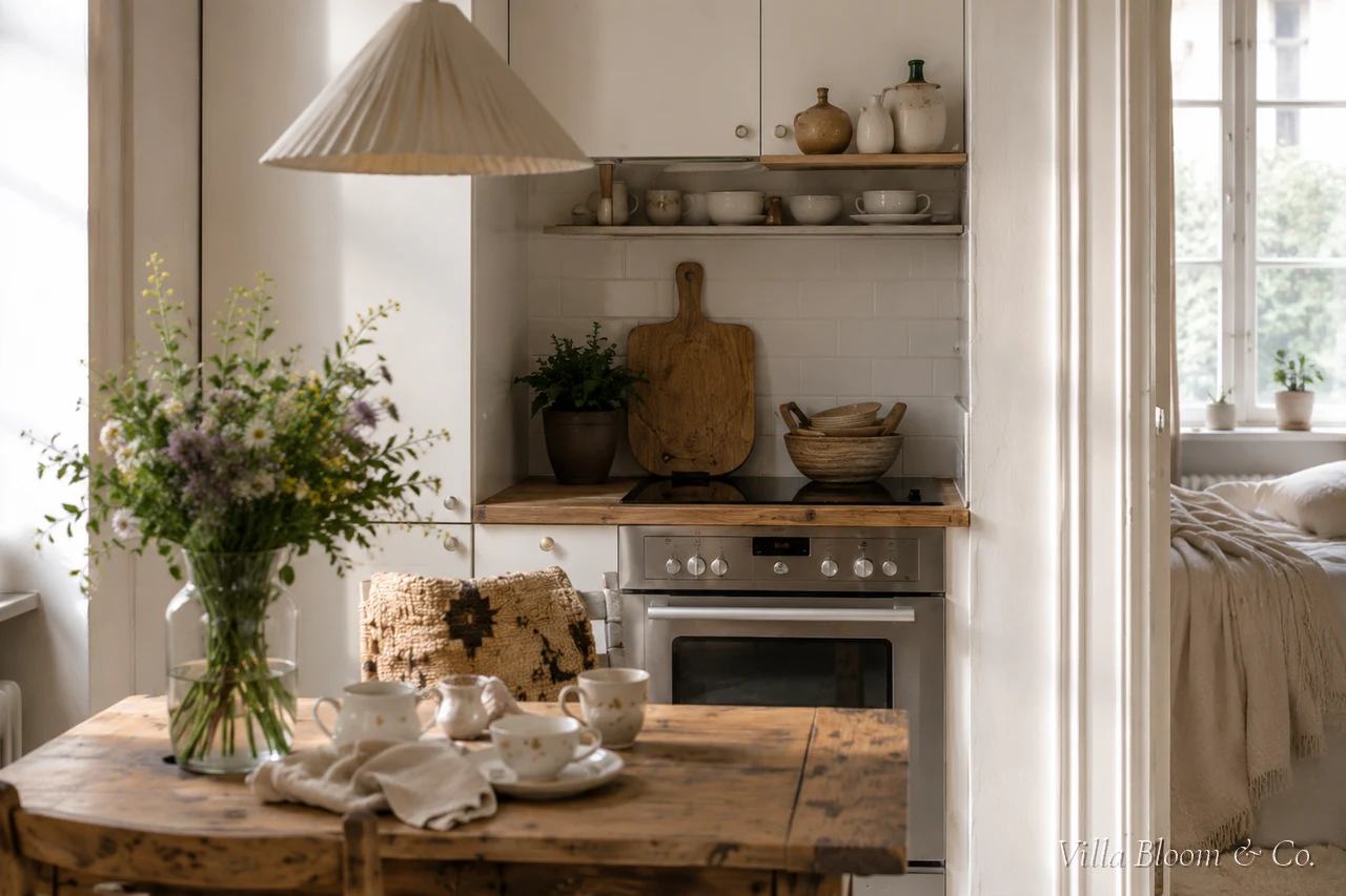 A bright view through the small flat from the dining nook to the kitchen, all doors open – it feels surprisingly spacious
