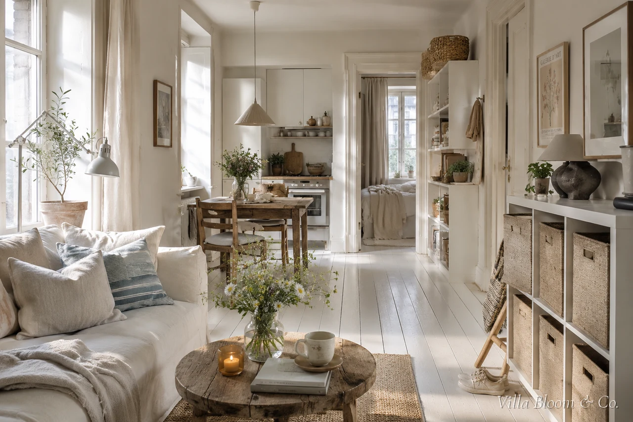 A bright living room with a linen sofa, cube shelving and a window in the morning light
