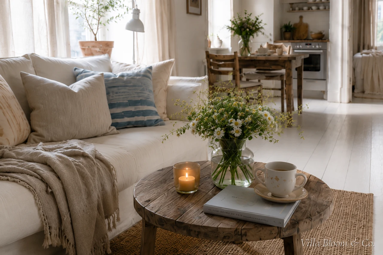 Close-up of a linen sofa with cushions, a throw and a book in the small living room