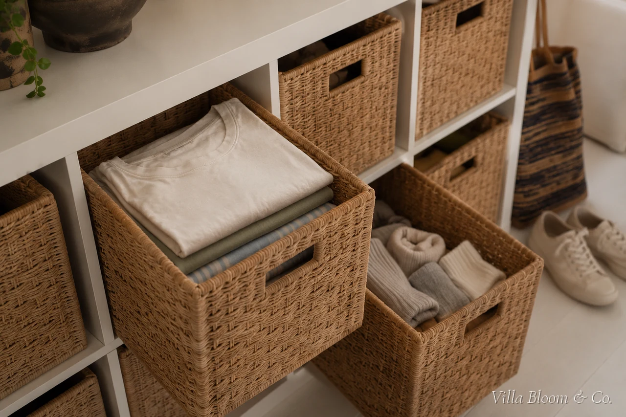 Clever storage ideas: drawers under the bed, a closed cabinet, cube shelving with baskets