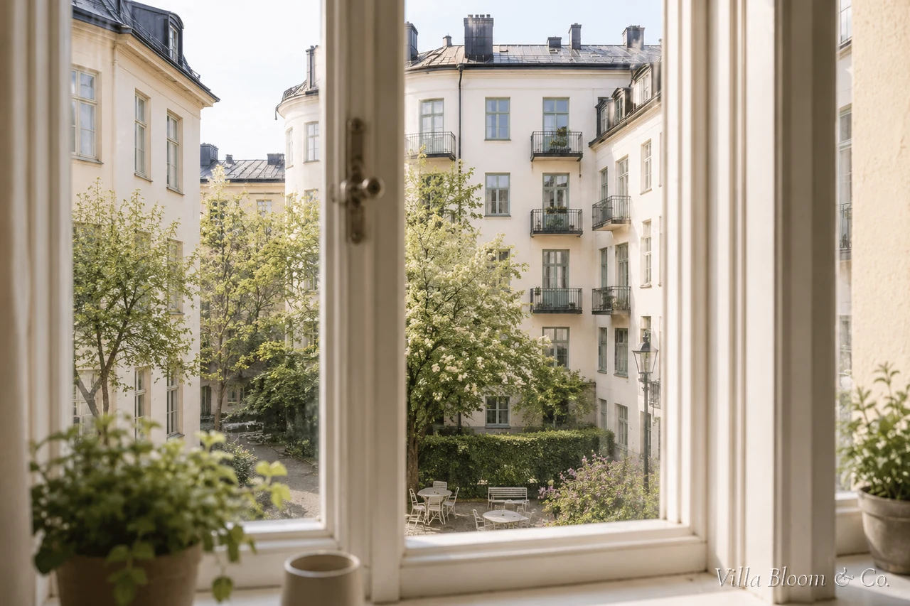 A window with herbs on the sill and a view into a green Stockholm courtyard