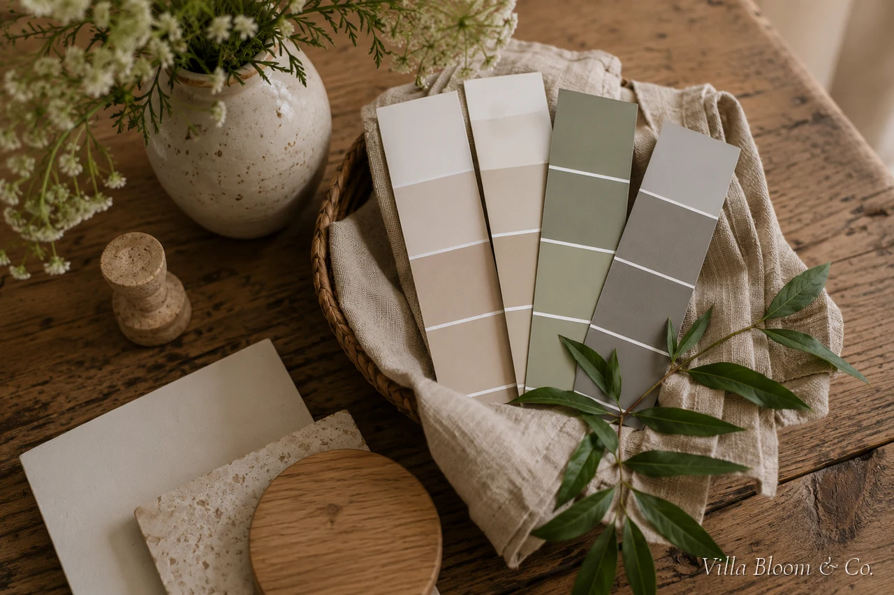 Colour swatches for small rooms in a basket: warm white, beige, sage green and warm grey with linen and natural materials