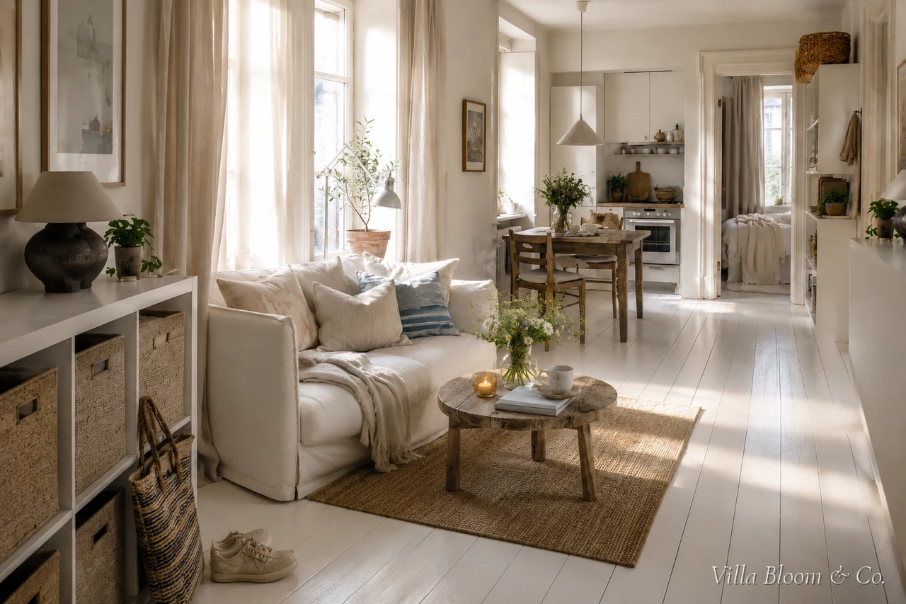 A small flat furnished cosily – a bright living room in Scandinavian coastal style