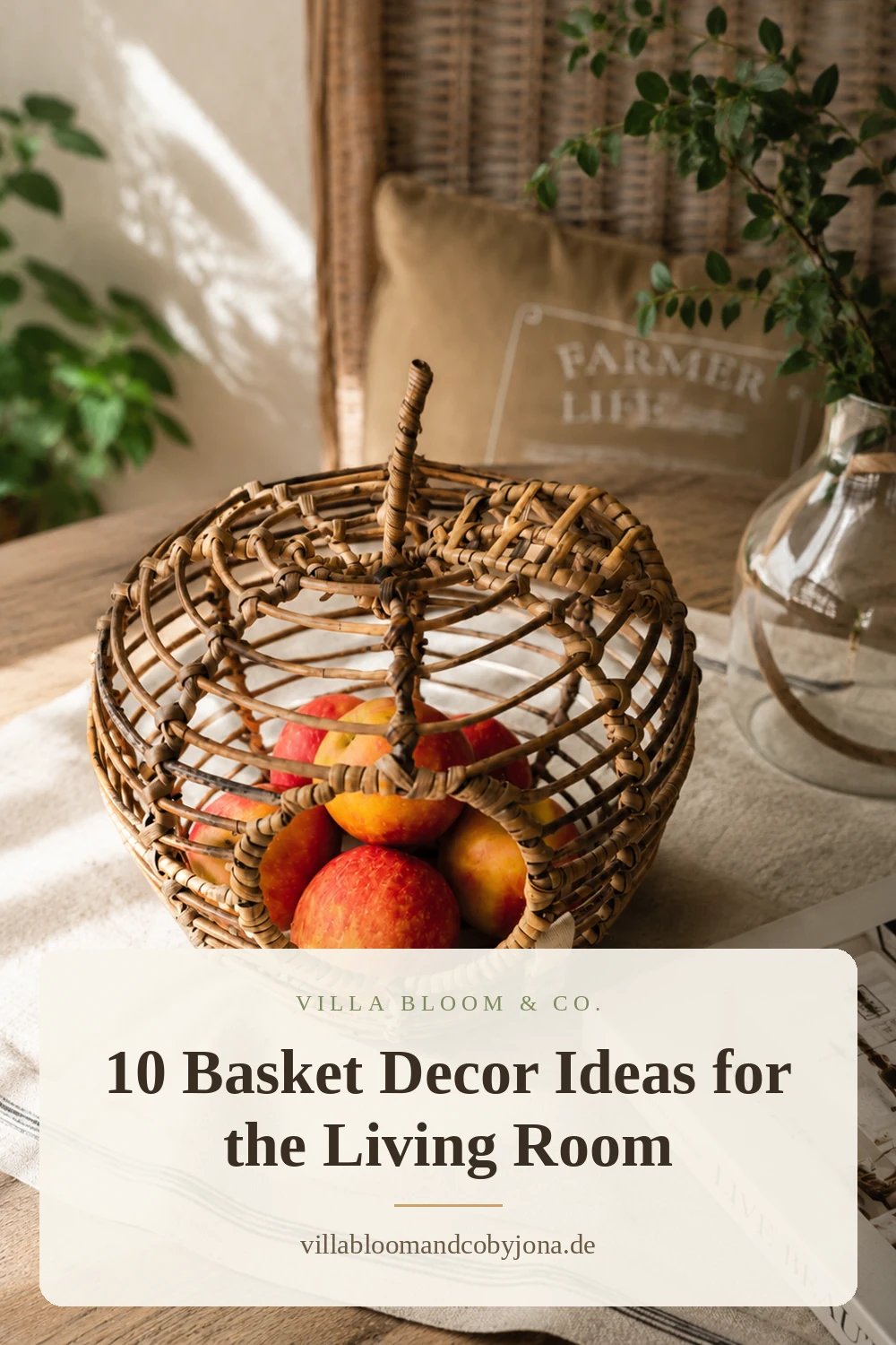 Pinterest graphic: 10 ideas for basket decor in the living room with rattan in country style