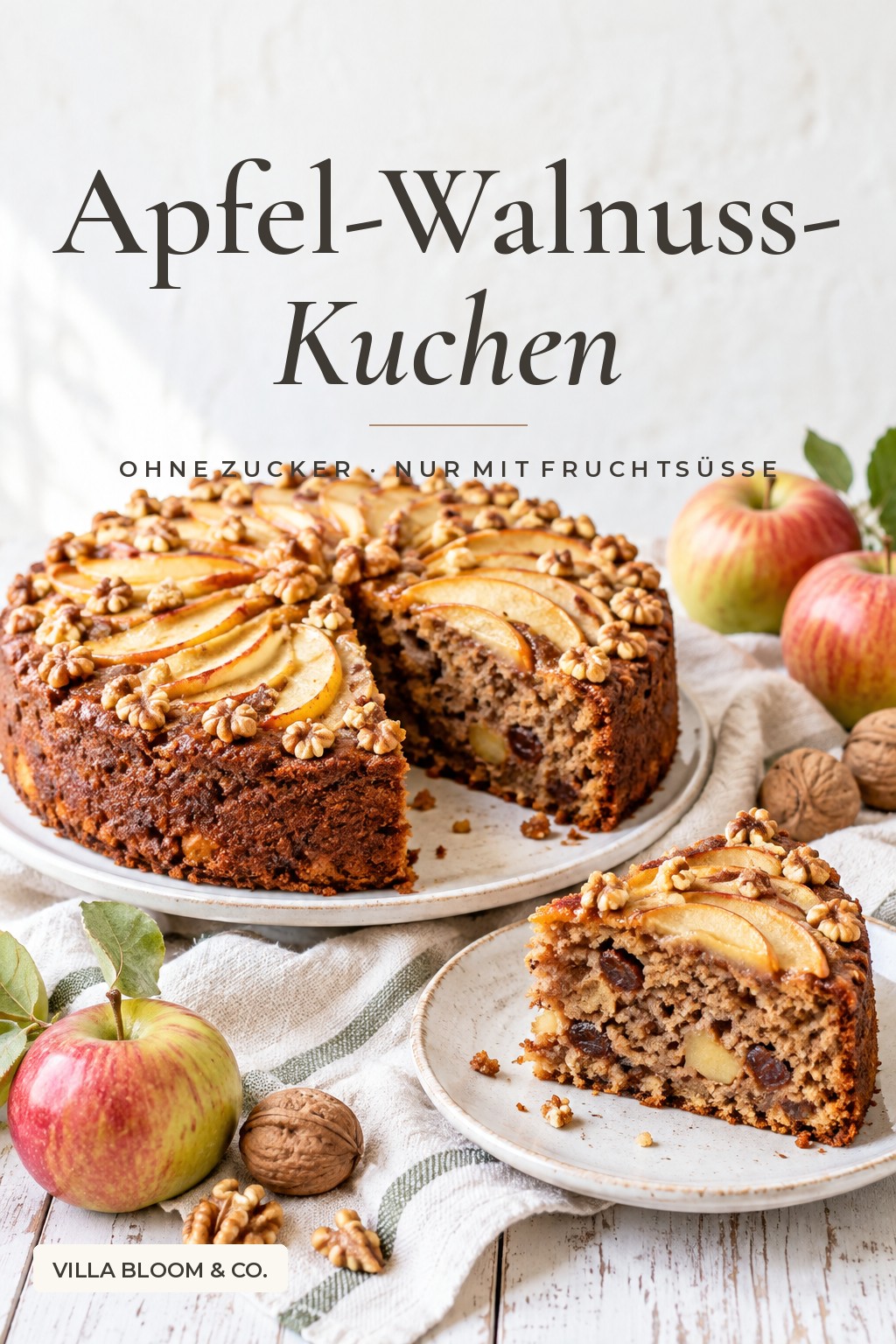 Apple walnut cake with no added sugar, topped with apple slices and walnuts – recipe sweetened with fruit only