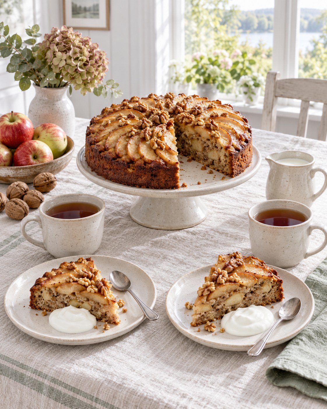 Kaffeetafel am Fenster mit Apfel-Walnuss-Kuchen, Tee und Joghurt auf hellem Leinen
