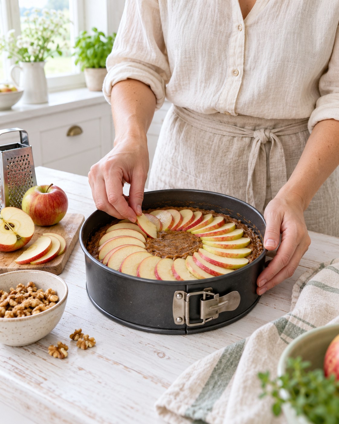 Springform tin with dark batter, apple slices being arranged in a circle on top, bright cottage kitchen in daylight