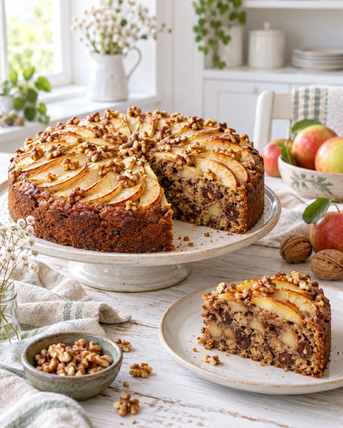 Apfel-Walnuss-Kuchen mit Apfelspalten und Walnüssen auf einer Kuchenplatte im Tageslicht