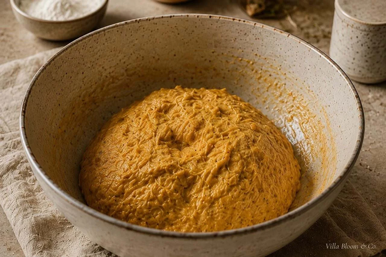 Orangefarbener Focaccia-Teig mit Kürbispüree in einer Steingutschüssel