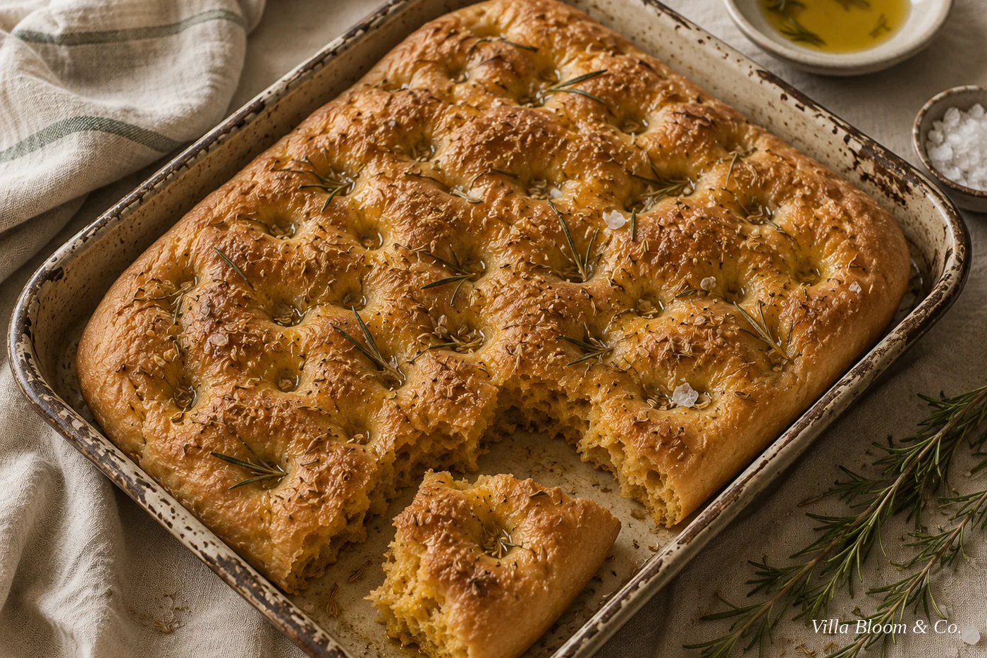 Goldene Kürbis-Focaccia im Blech mit Rosmarin, Fenchelsaat und grobem Meersalz