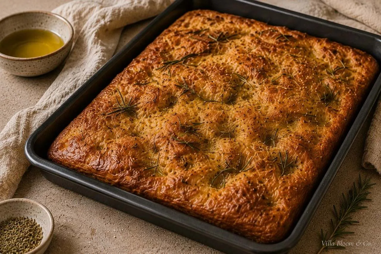 Goldbraun gebackene Kürbis-Focaccia im Blech
