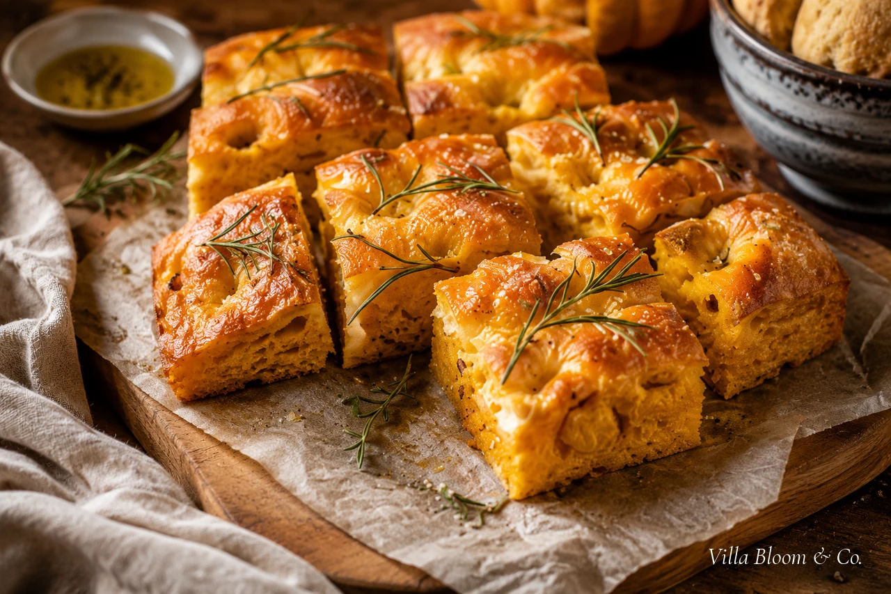 In Stücke geschnittene Kürbis-Focaccia mit Rosmarin auf Backpapier