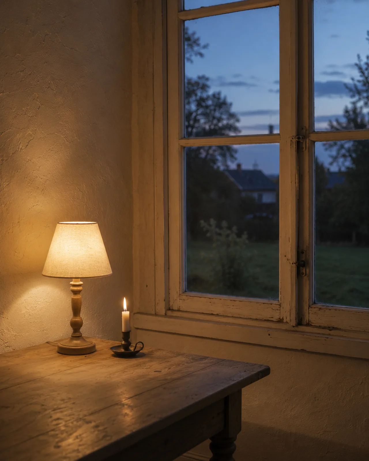 Kleine Tischlampe und Kerze am frühen Septemberabend vor dämmrigem Fenster