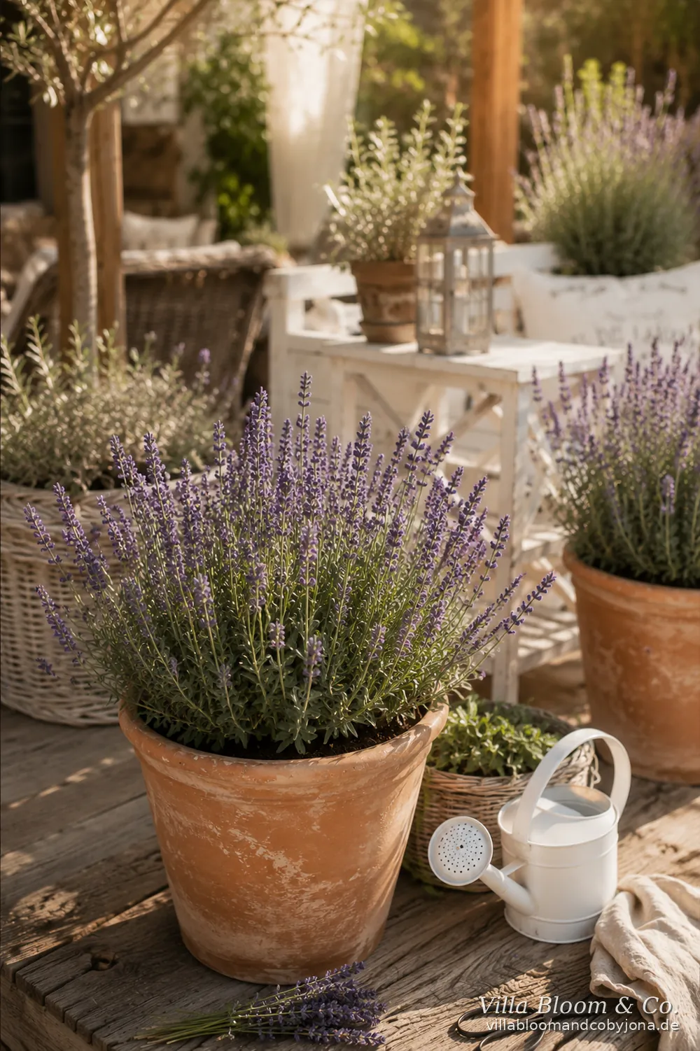 Lavender in a terracotta pot on a sunny country-style terrace