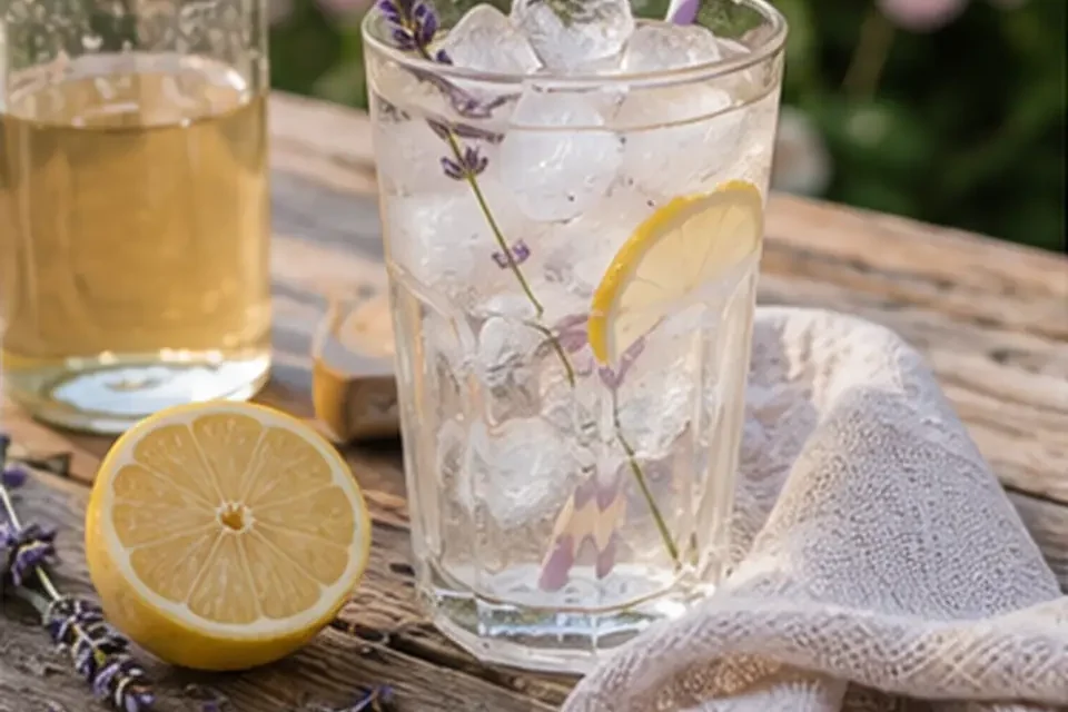 Selbst gemachte Lavendellimonade im Glas neben einer Flasche Lavendelsirup auf dem sommerlichen Gartentisch