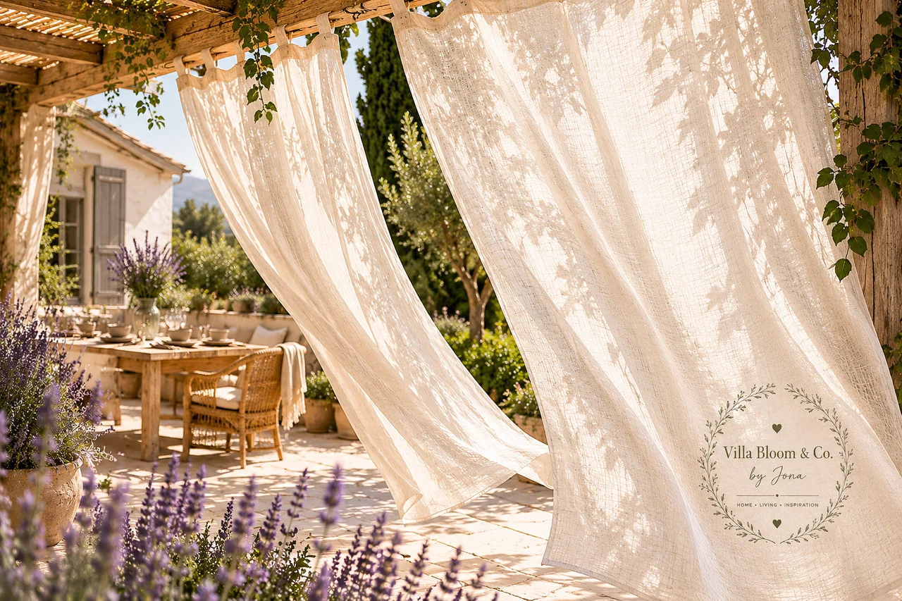 Rideaux en lin couleur crème ondulant sous une pergola en bois dans le vent d'été, avec une table d'été dressée et de la lavande en fleurs en style Provence