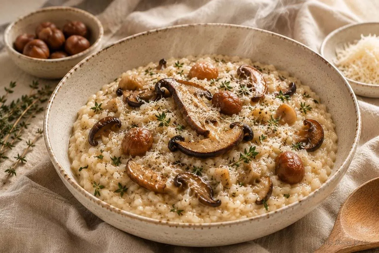 Maronen-Risotto mit Steinpilzen – cremiges Risotto mit Steinpilzscheiben, Maronen und Thymian