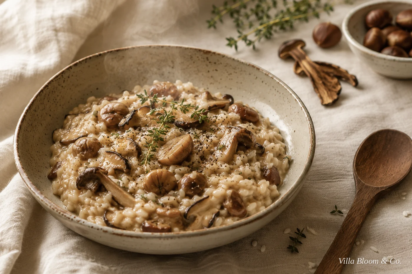 Cremiges Maronen-Risotto mit Steinpilzen und frischem Thymian in einer Steingutschale