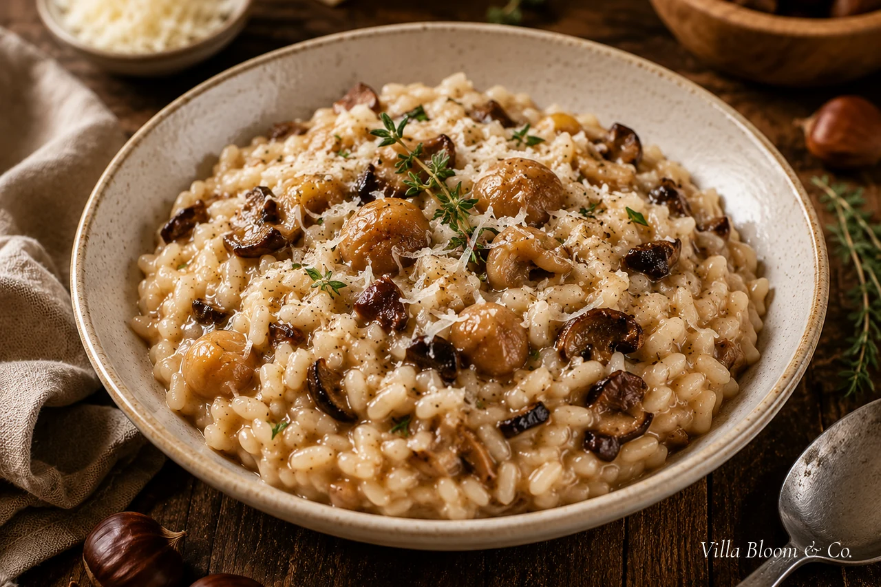 Maronen-Risotto mit Parmesan und Thymian in einer hellen Schale