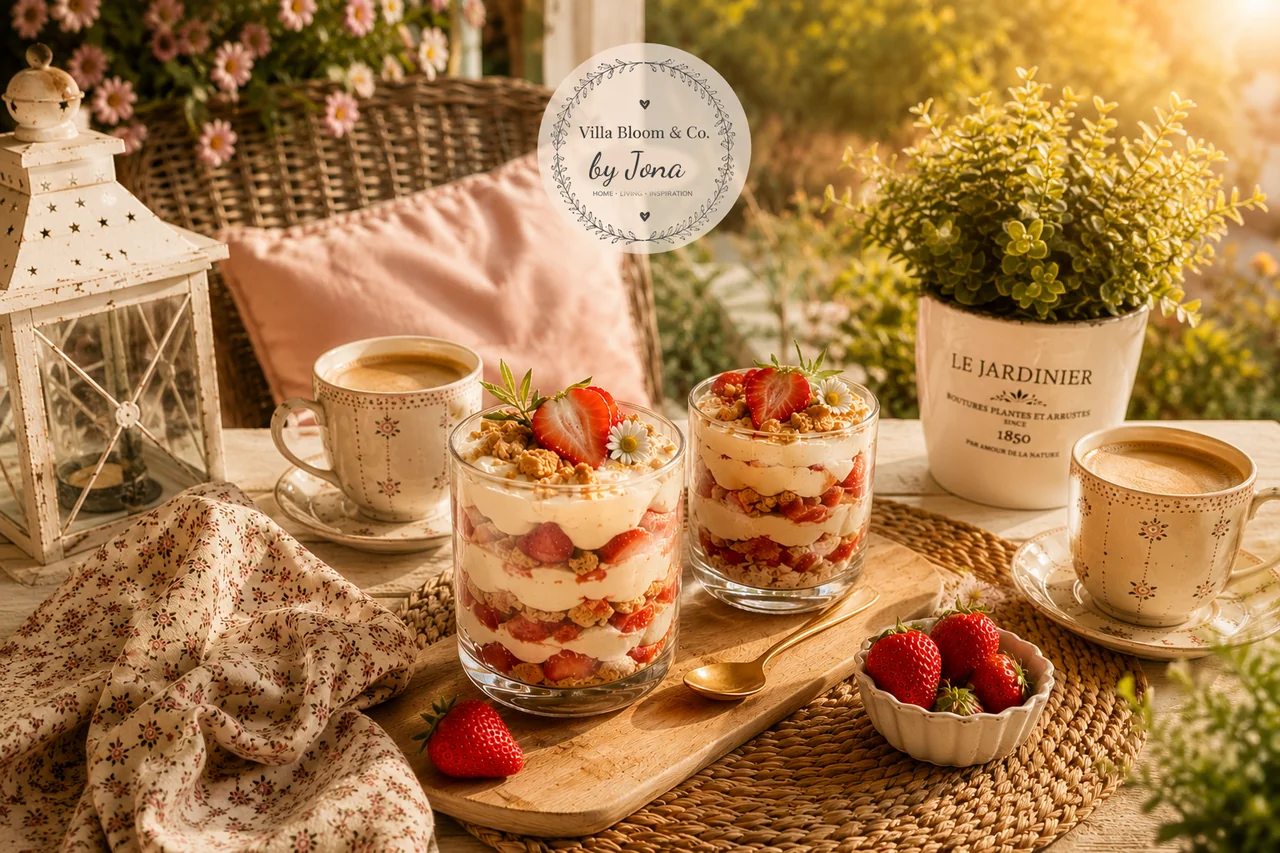 Dessert aux fraises en verrine avec des couches crémeuses et des fraises fraîches, servi sur la terrasse