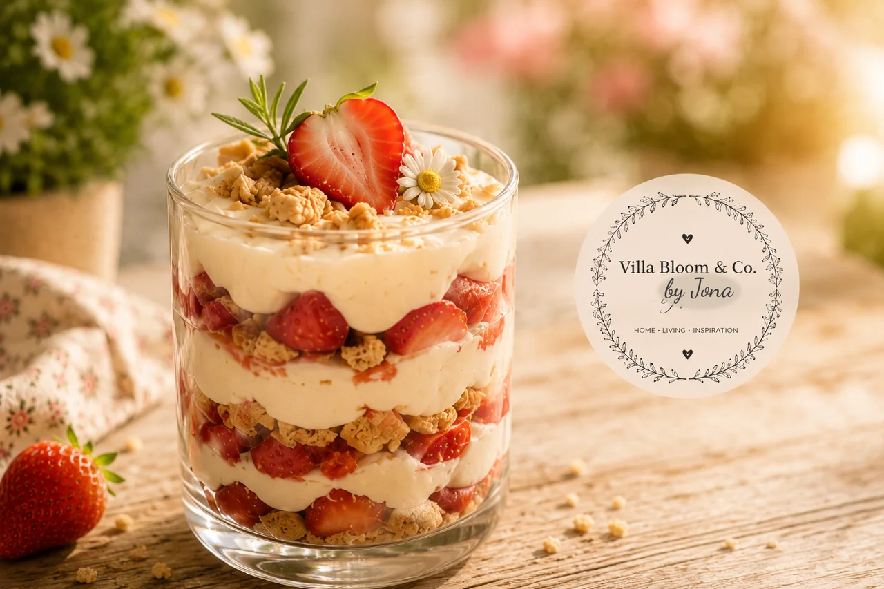 Verre en cours de montage – couches d'émiettés de biscuits, de crème au mascarpone et de fraises fraîches