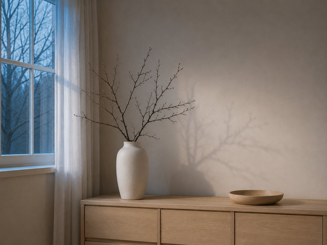 Novemberdämmerung – kahle Zweige in einer Vase auf heller Kommode, blaues Fensterlicht und warmer Innenraum