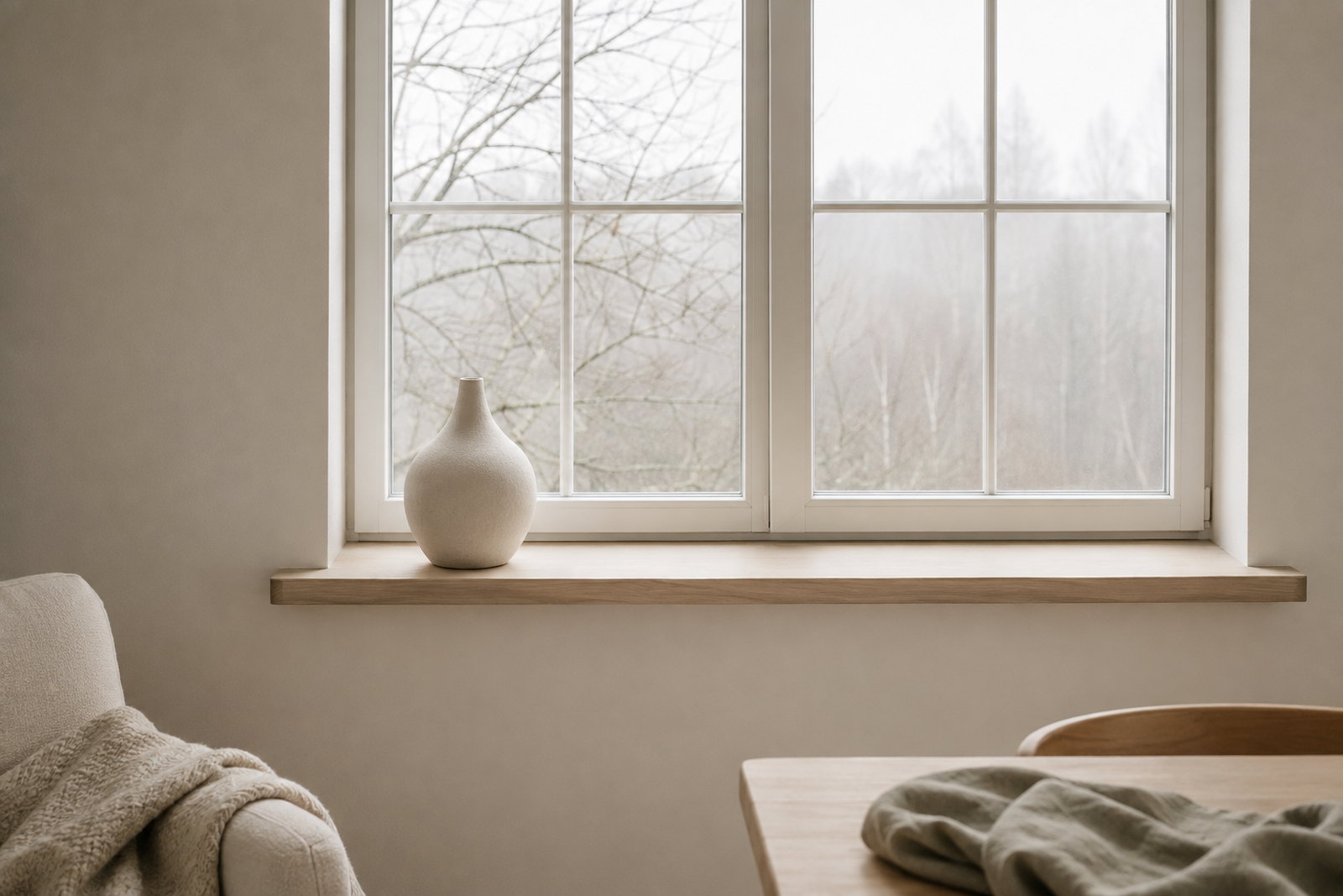 Leere helle Fensterbank mit einer einzelnen cremefarbenen Vase an einem grauen Novembertag