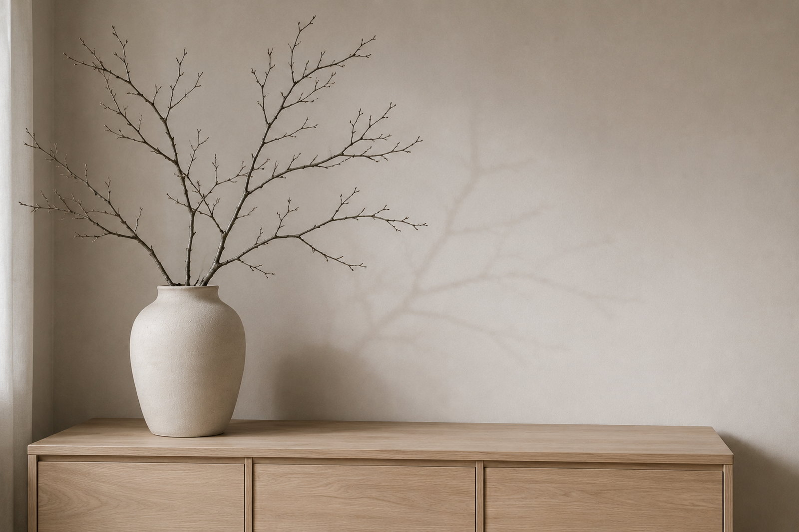 Große cremefarbene Vase mit kahlen Zweigen auf einer hellen Kommode, Schattenwurf an der Wand