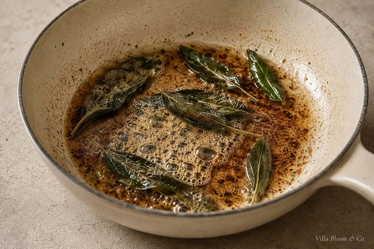 Butter wird in der Pfanne nussbraun, Salbeiblätter frittieren darin knusprig