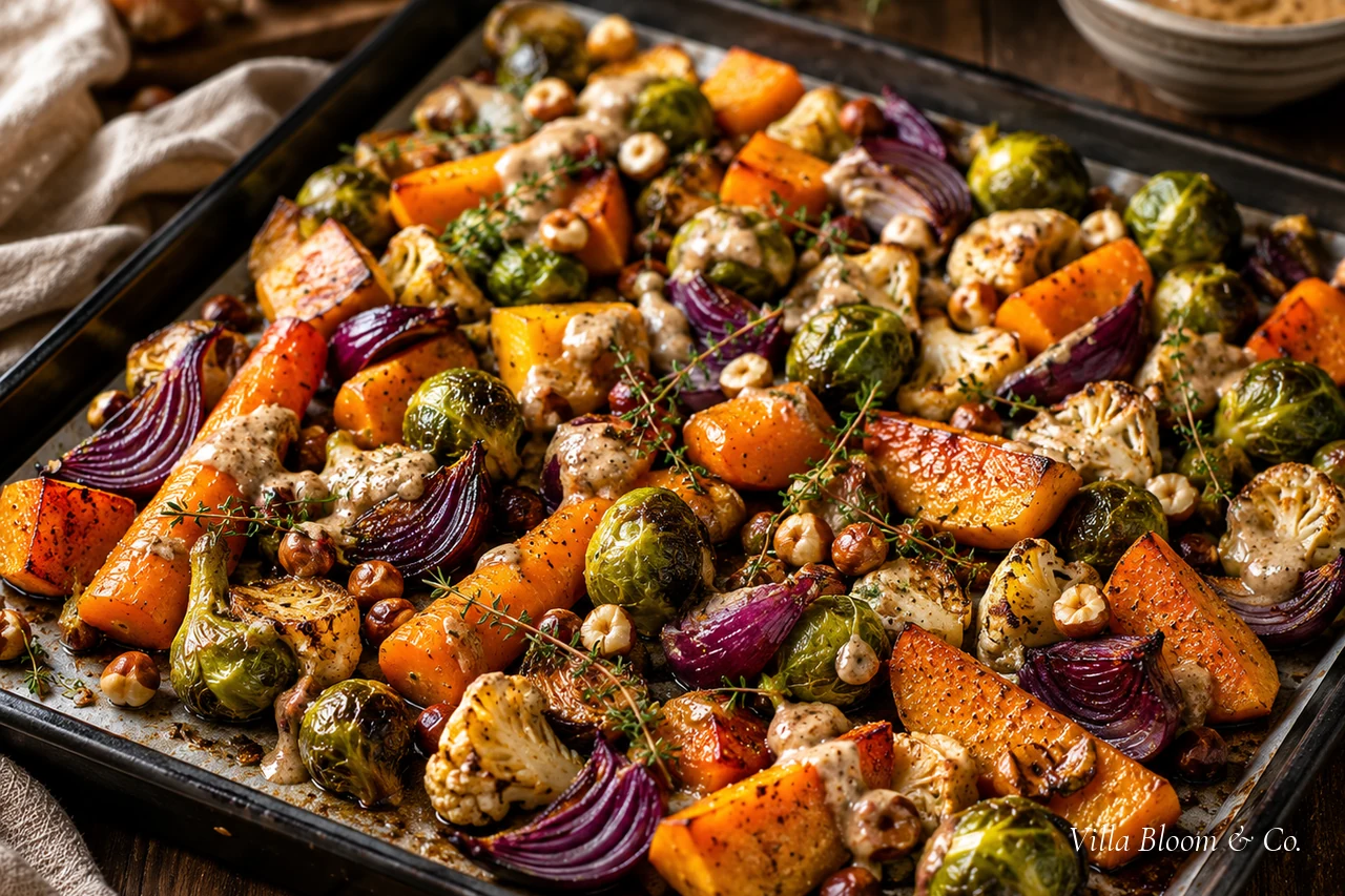 Blech mit geröstetem Herbstgemüse und Haselnüssen