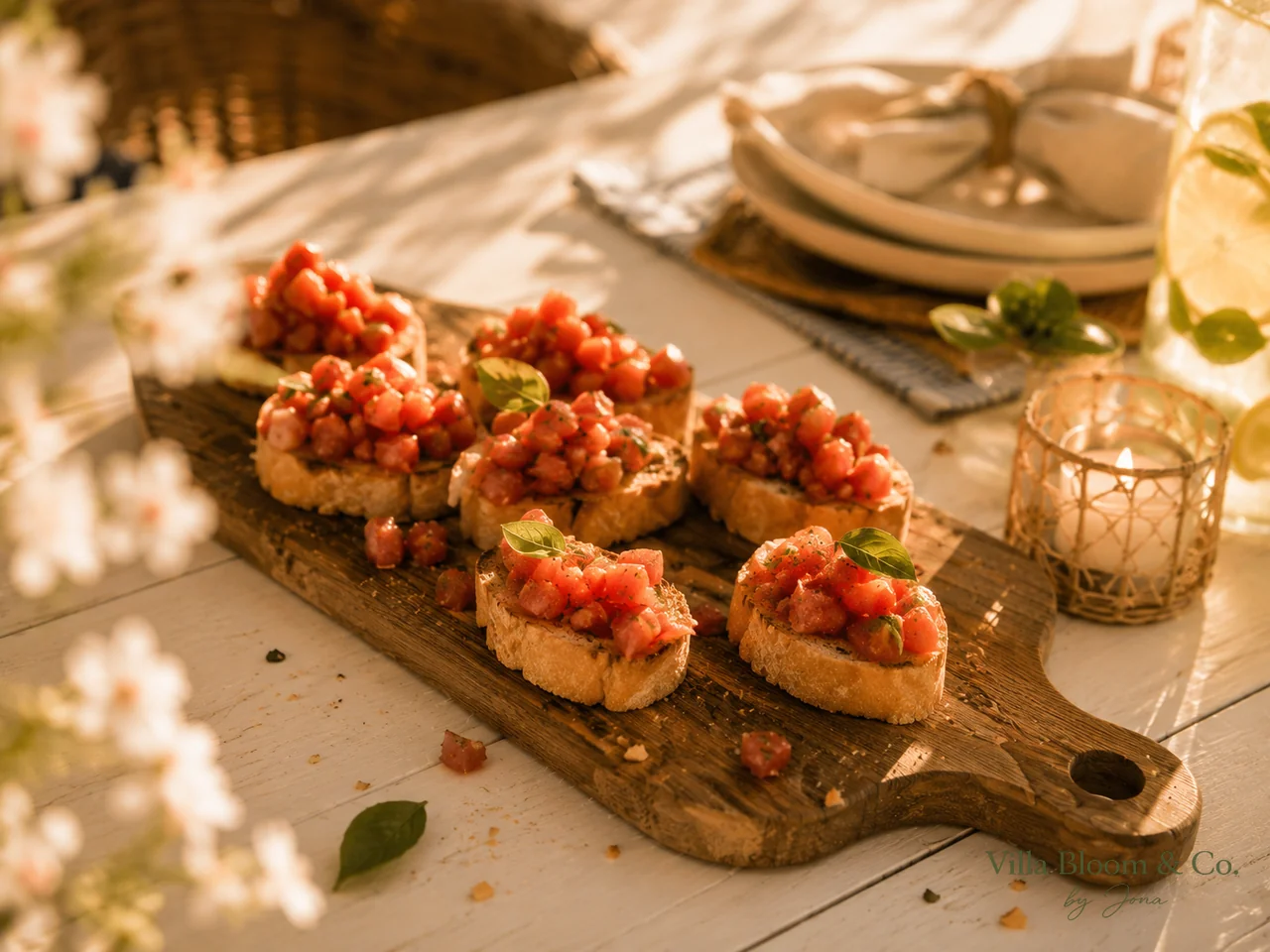 Tomaten-Bruschetta mit Basilikum auf einem Holzbrett, daneben Kerzenlicht und Zitronenwasser auf einer hellen Sommertafel