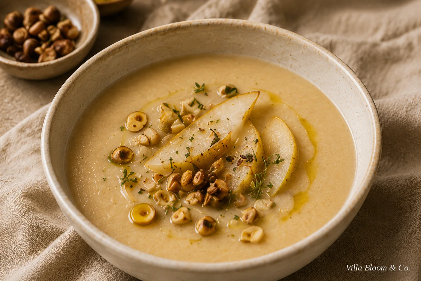Die fertig angerichtete Pastinaken-Birnen-Suppe mit Birnenspalten, gehackten Haselnüssen, Thymian und Haselnussöl