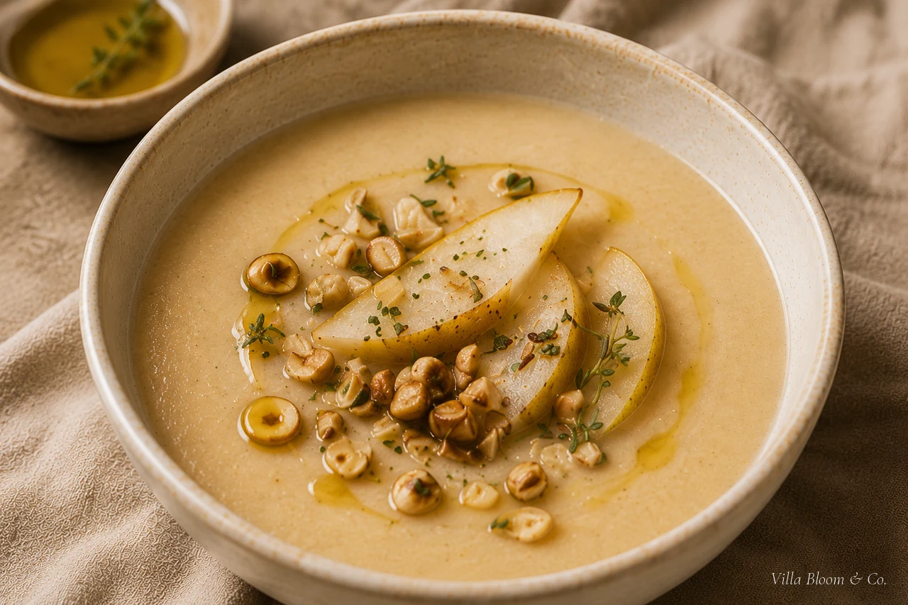 Geröstete Pastinaken-Birnen-Suppe mit Haselnussöl in einer Steingutschale