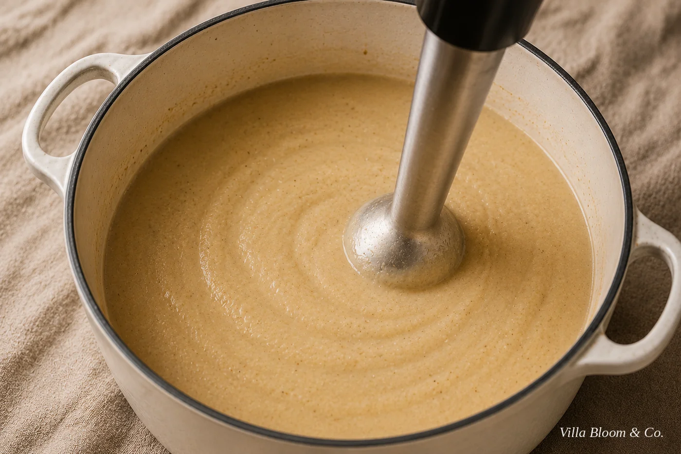 Die Suppe wird mit dem Pürierstab im Topf zu einer samtigen Creme püriert
