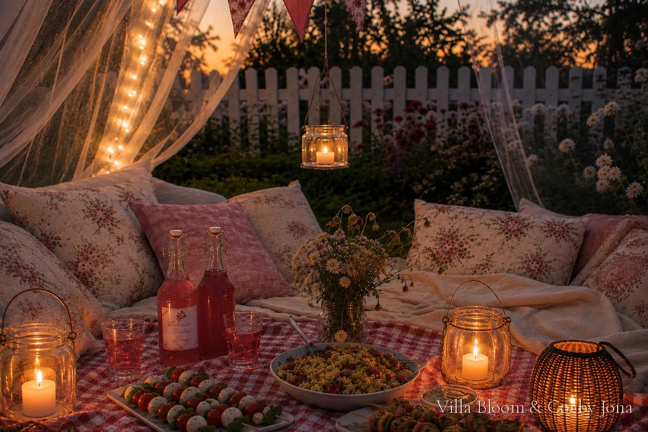 Picnic at dusk with fairy lights, lanterns, candles, red bunting, cordial, caprese skewers and pasta salad on a red-and-white checked blanket